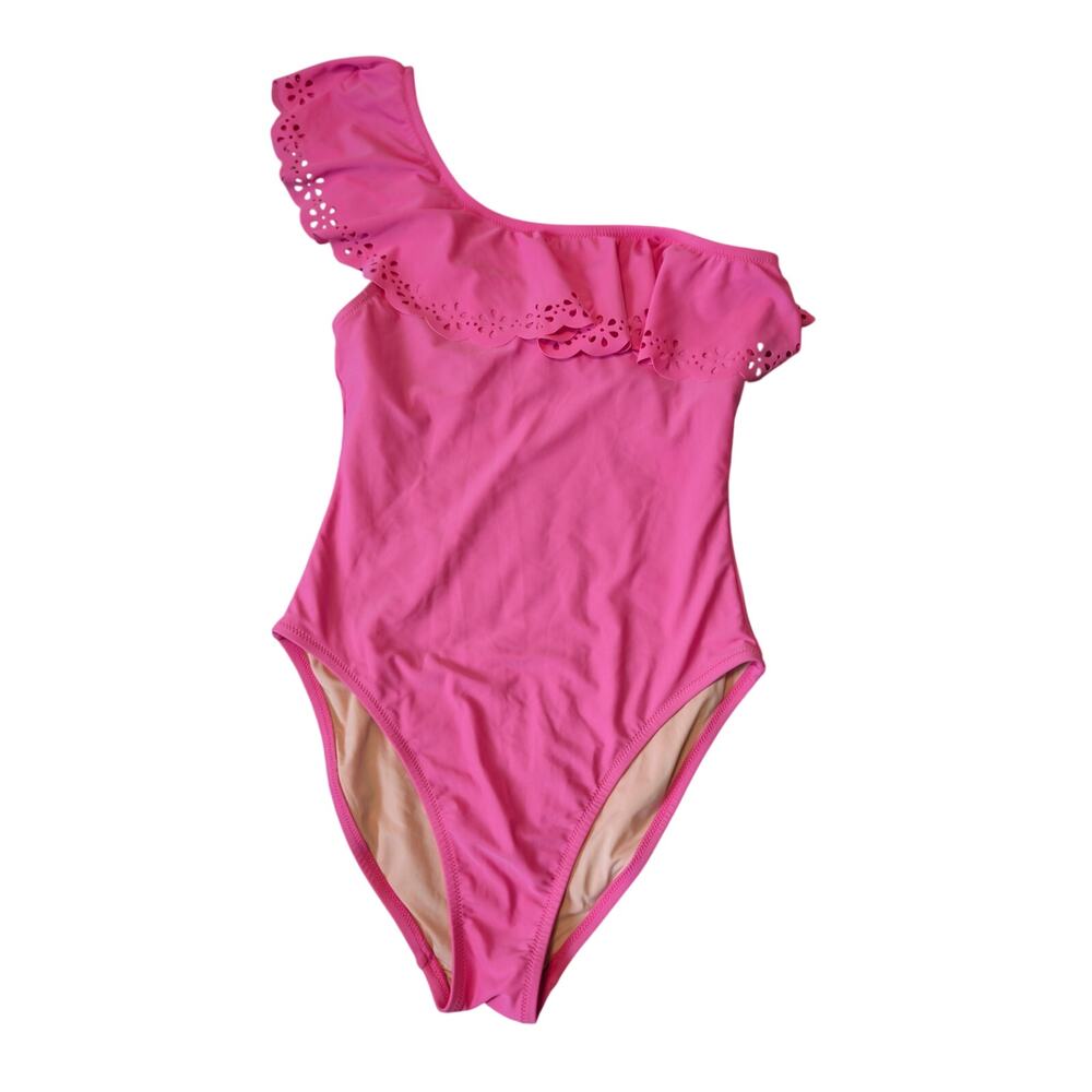 NWT J.Crew Factory Laser-Cut Ruffle One-Shoulder One-Piece Swimsuit Pink M AO037
